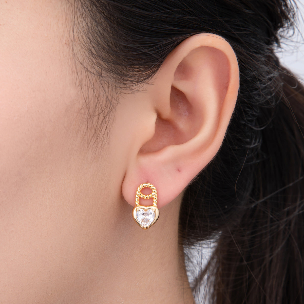 18K Gold Filled Clear Heart CZ Croissant Padlock Drop Studs Earrings | AJ-180