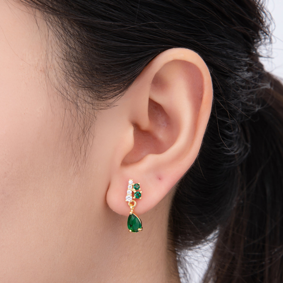 18K Gold Filled Emerald Green Teardrop & Micro Paved CZ Classy Drop Stud Earrings | AJ217
