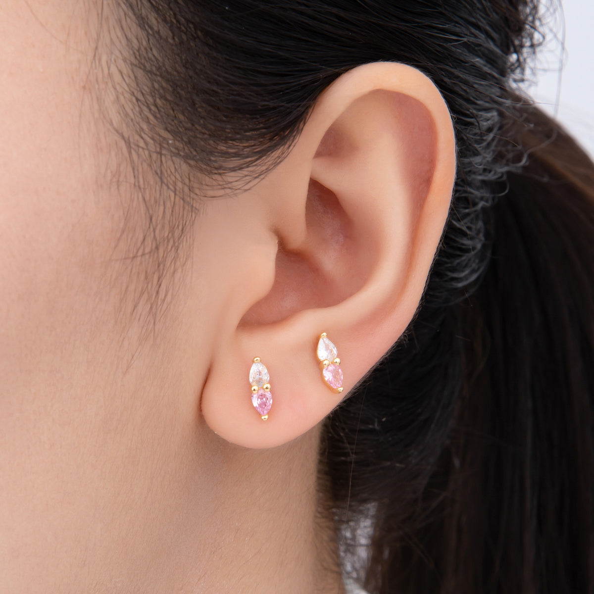 18K Gold Filled 9.5mm Pink, Purple CZ Twin Teardrop Linear Studs Earrings | AJ275 AJ276