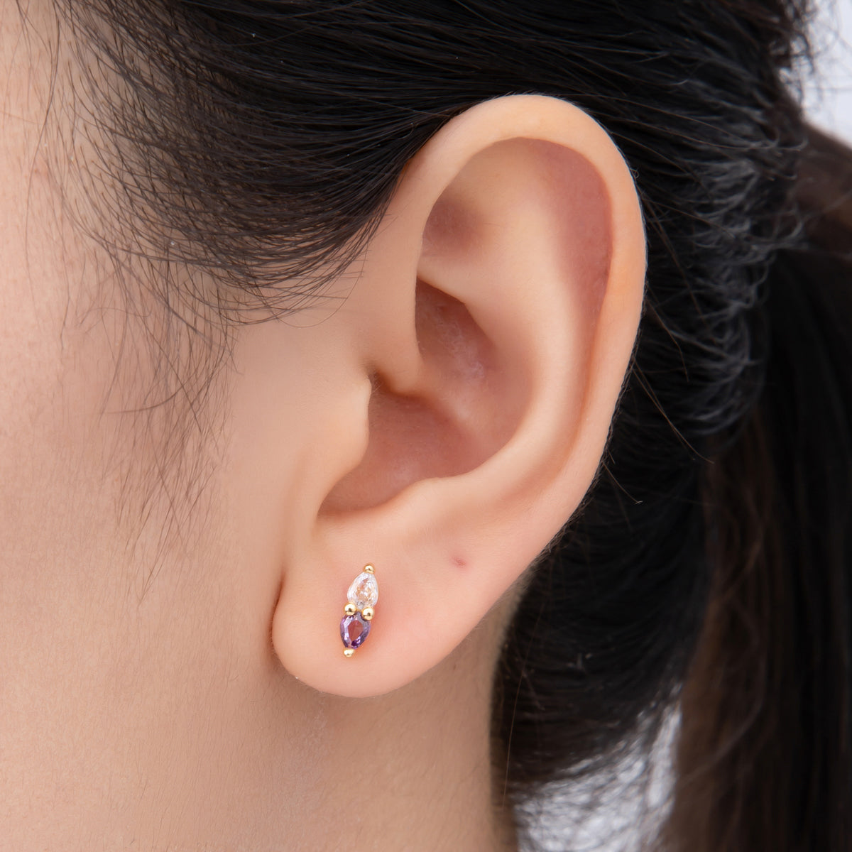 18K Gold Filled 9.5mm Pink, Purple CZ Twin Teardrop Linear Studs Earrings | AJ275 AJ276