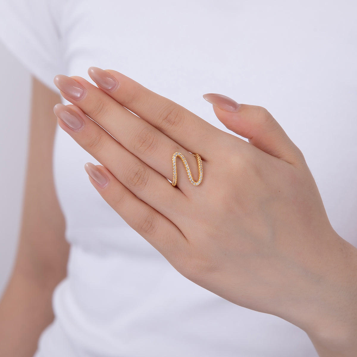 18K Gold Filled Micro Paved Curve Wave Ring | O2022