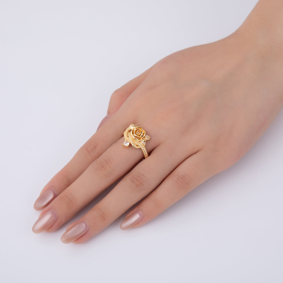 18K Gold Filled CZ Rose Flower Hammered Textured Ring | O2023