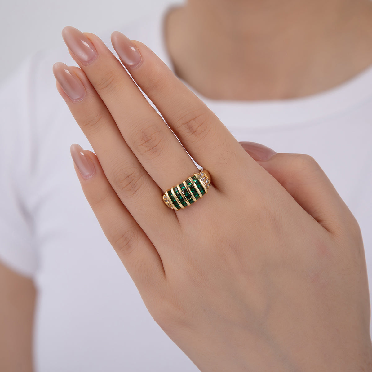 18K Gold Filled Green Baguette Clear Micro Paved Woven Signet Ring | O1809