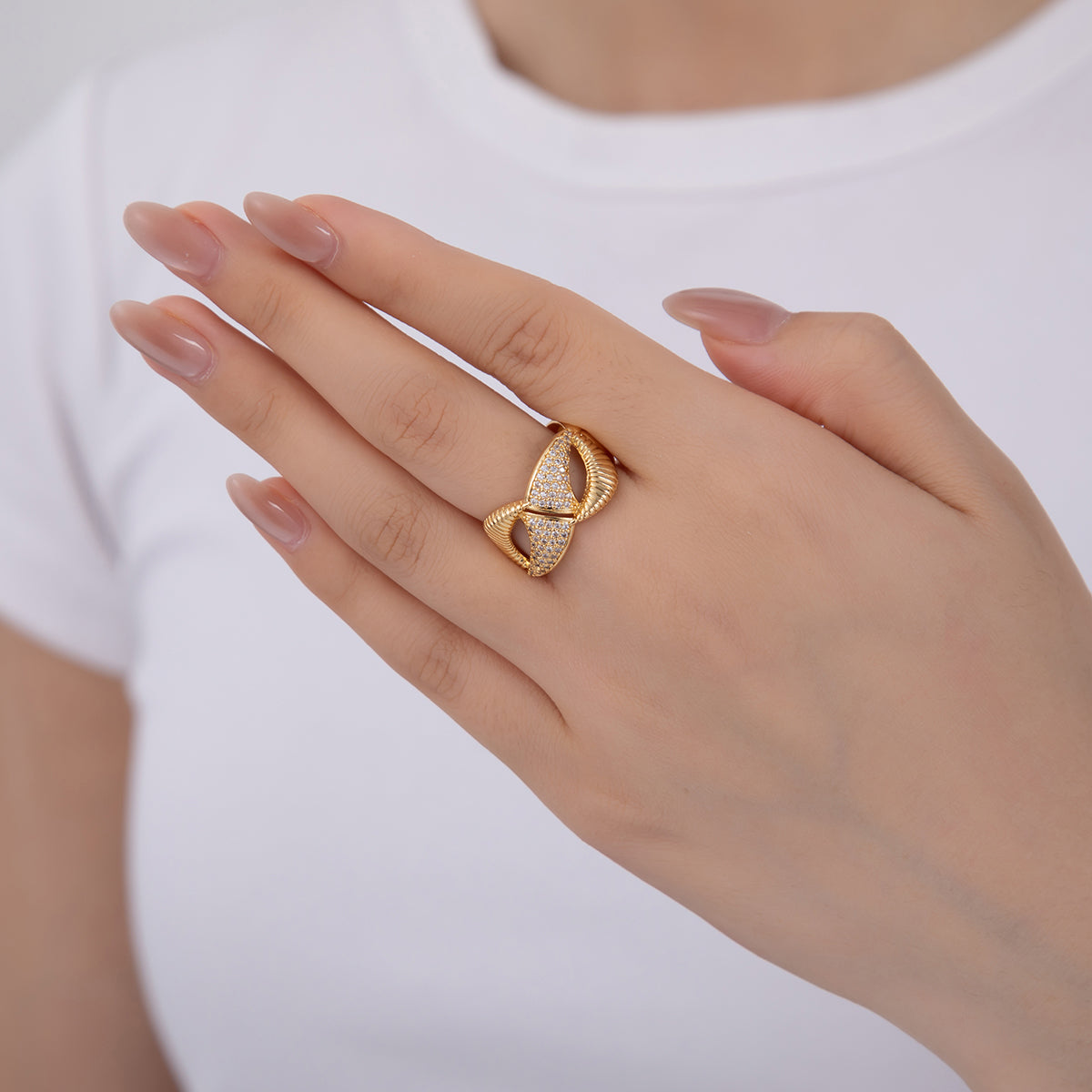 18K Gold Filled Micro Paved CZ Ribbed Geometric Crossed Band Ring | O2020