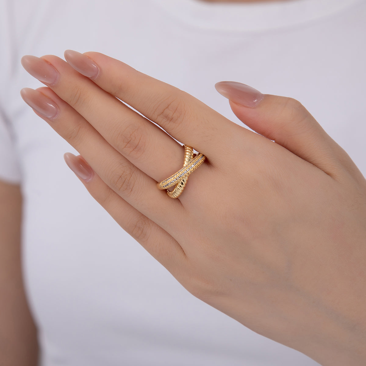 18K Gold Filled Micro Paved CZ Ribbed Crossed Band Ring | O1920