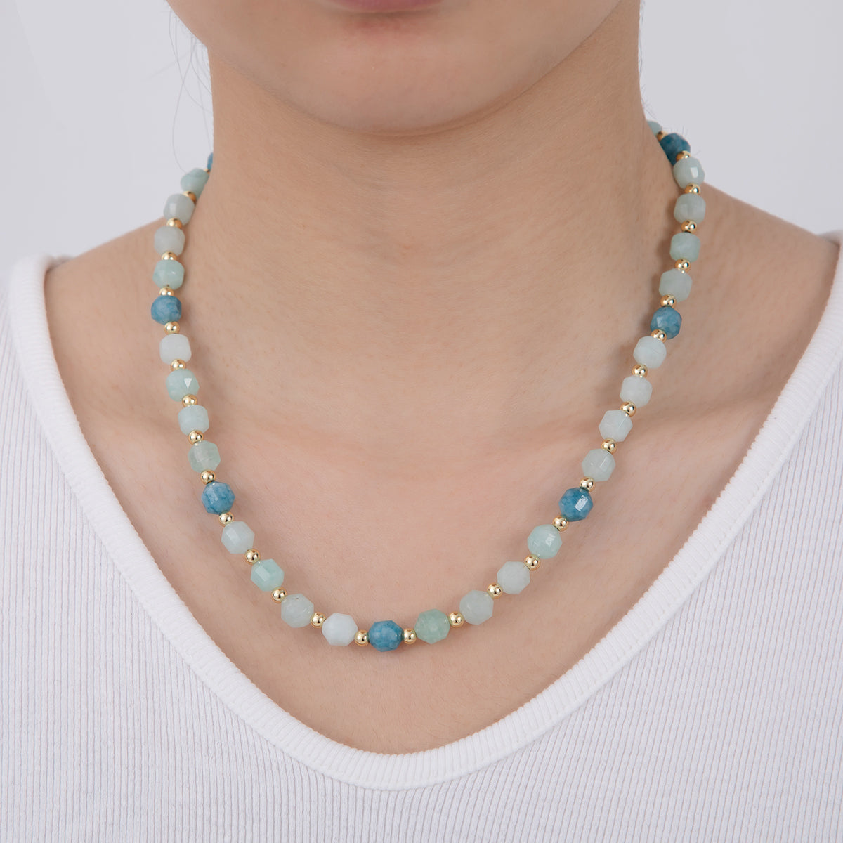 16K Gold Filled Blue Aquamarine Multifaceted Gemstone Bead 17.5 Inch Handmade Necklace | WA-332