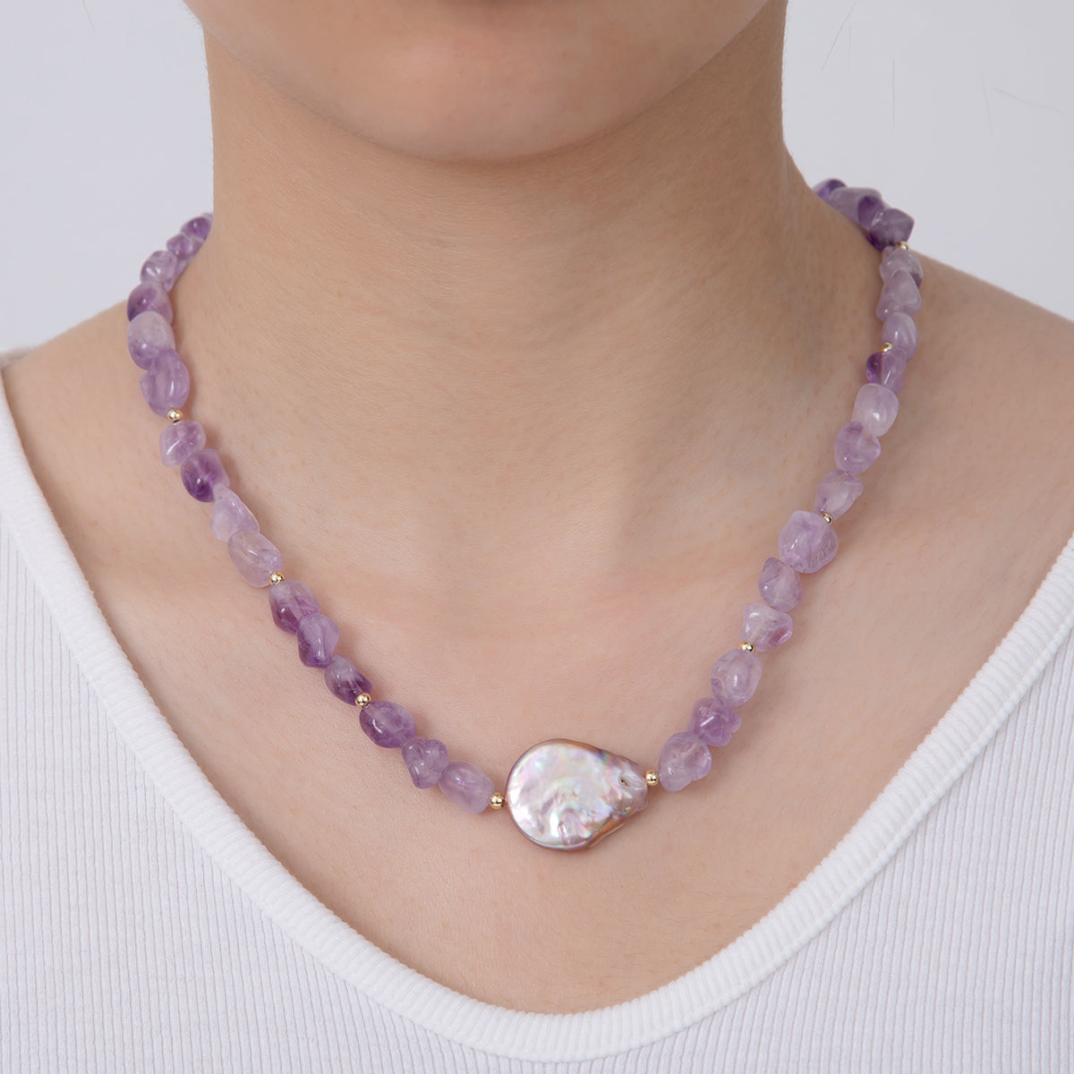 16K Gold Filled Freshwater Pearl Purple Amethyst Gemstone 17.5 Inch Handmade Necklace | WA-1116