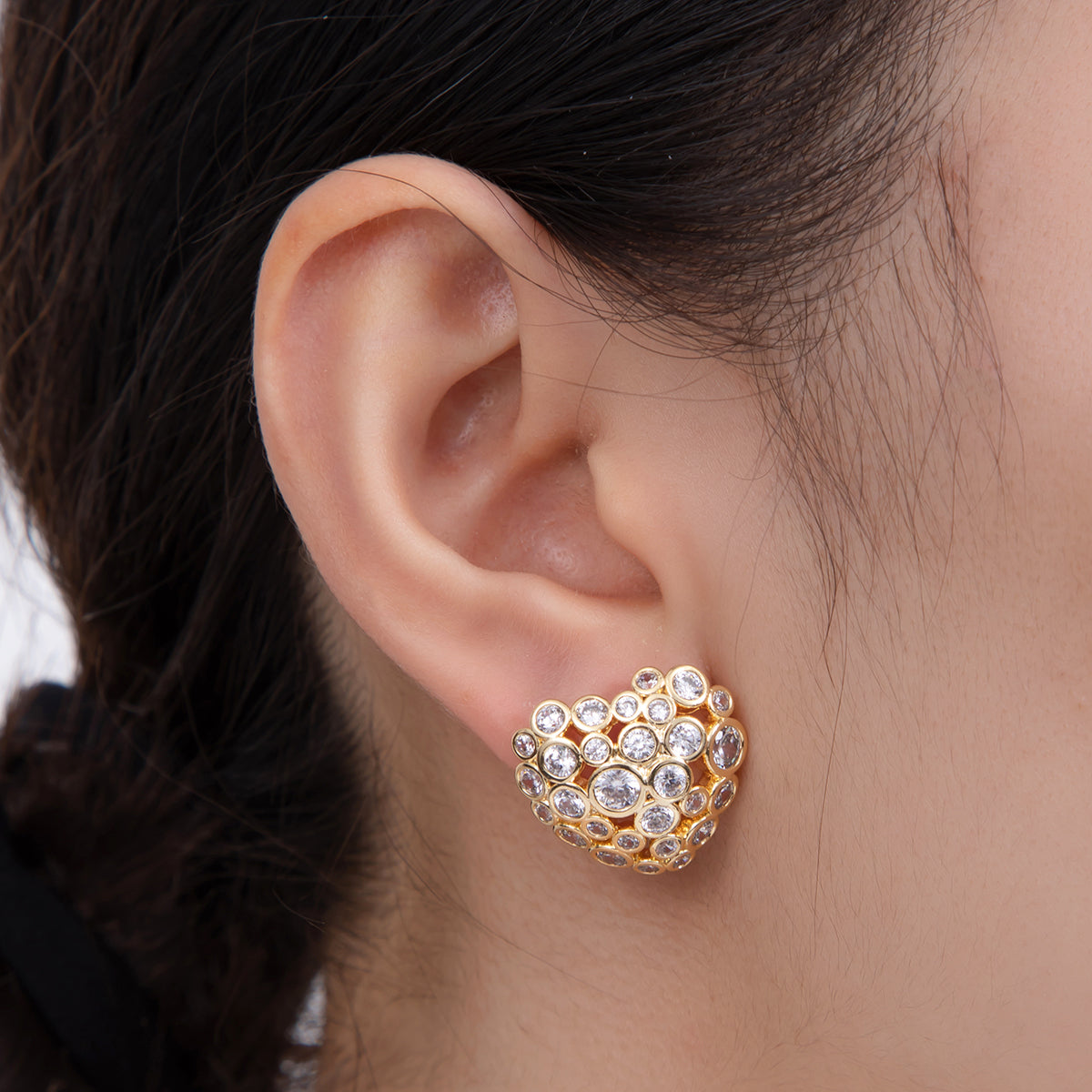 18K Gold Filled Clear CZ Dotted Dome Heart Stud Earrings | AI358