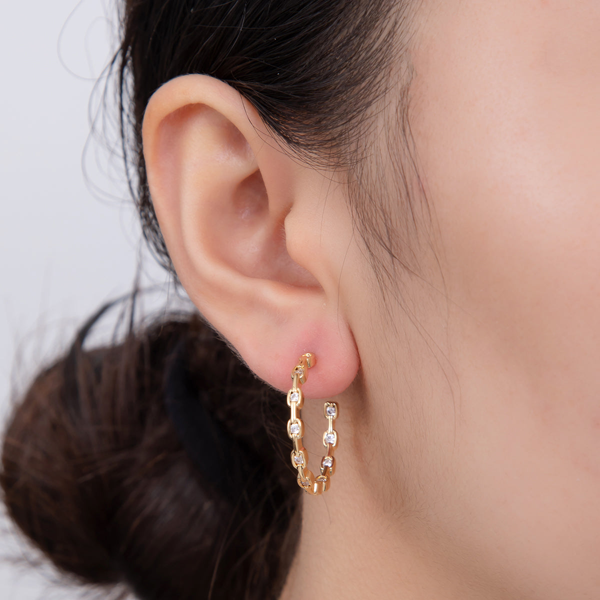 18K Gold Filled Micro Paved CZ Curb Link Chain C-Shaped Hoop Earrings | AI403