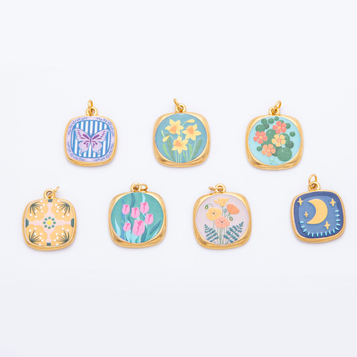 Gold Stainless Steel 25mm Hand-Painted Enamel Dreamy Theme Flower Charm | J319 J324 J335 J356 J358 J362