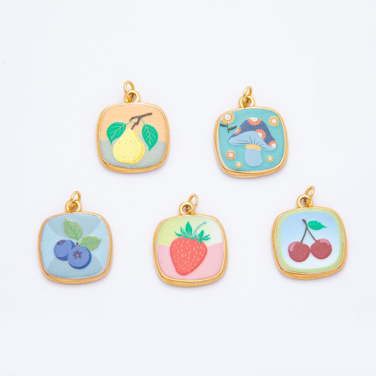 Gold Stainless Steel 24mm Hand-Painted Enamel Blueberry, Pear Fruit, & Mushroom Charm | J073 J161 J376 J084 J095