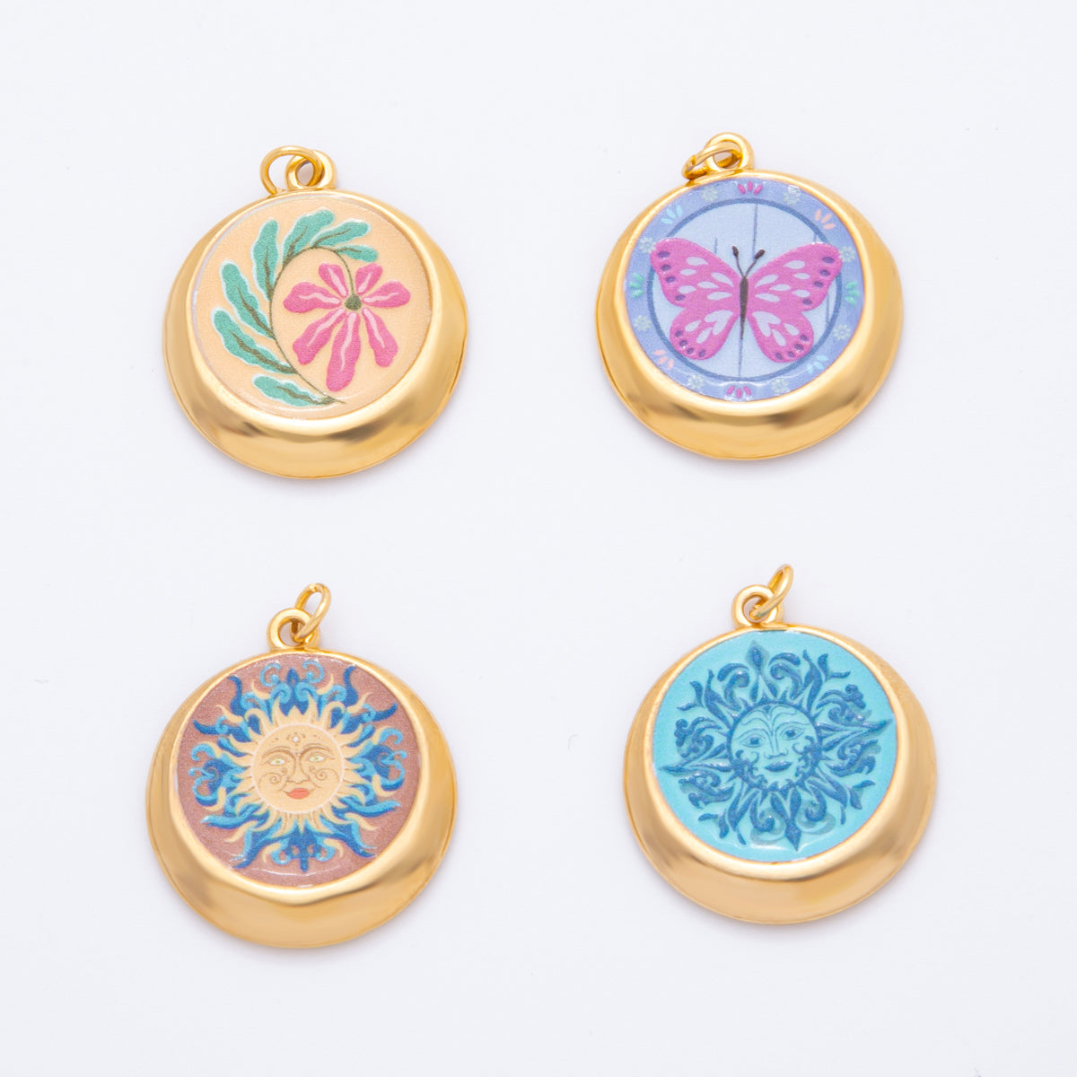 Gold Stainless Steel 30mm Hand-Painted Enamel Round Fantasy Butterfly, Sun, & Flower Charm | J381 J393 J422 J428