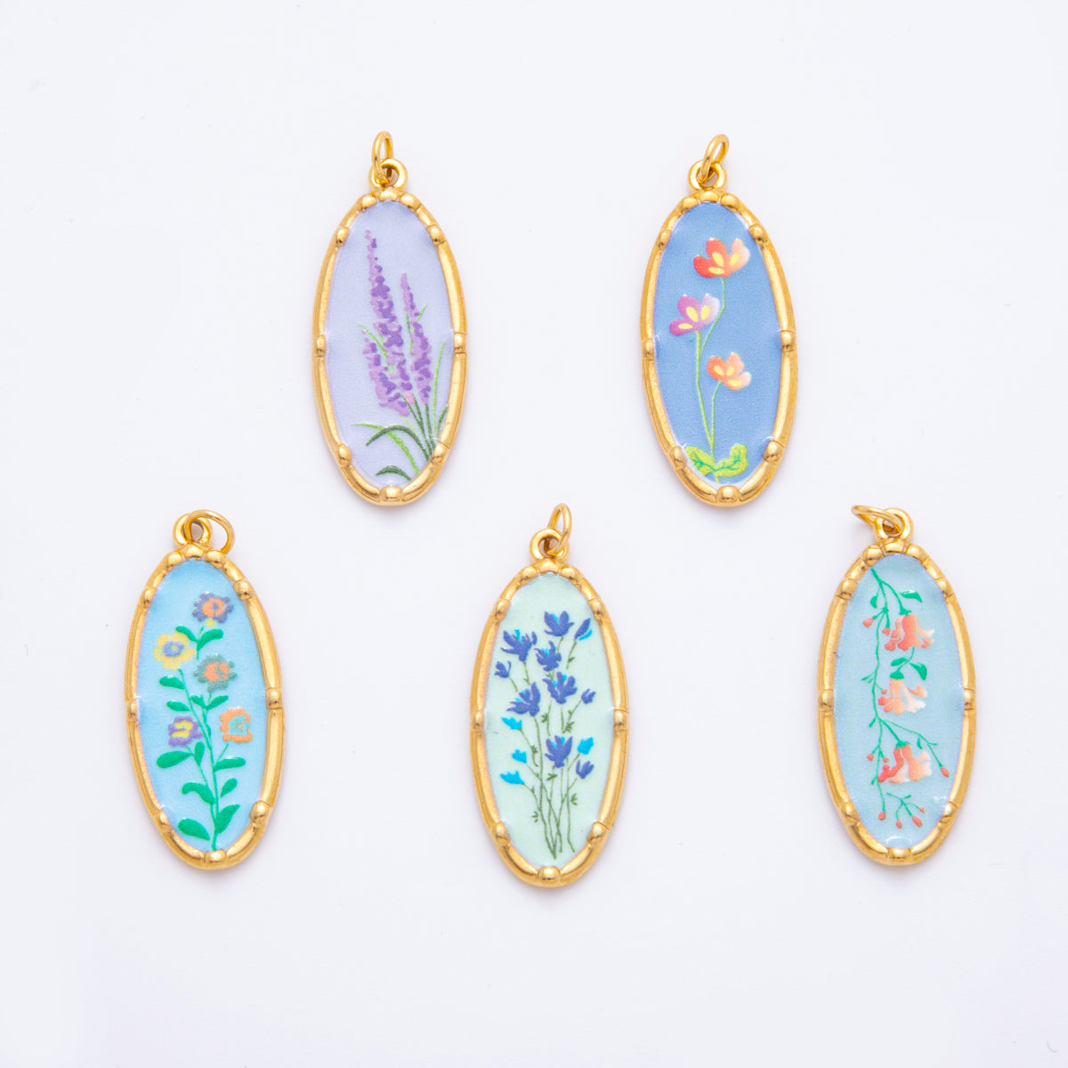 Gold Stainless Steel 37mm Hand-Painted Enamel Oval Wildflower Charm | J398 J406 J409 J411 J419