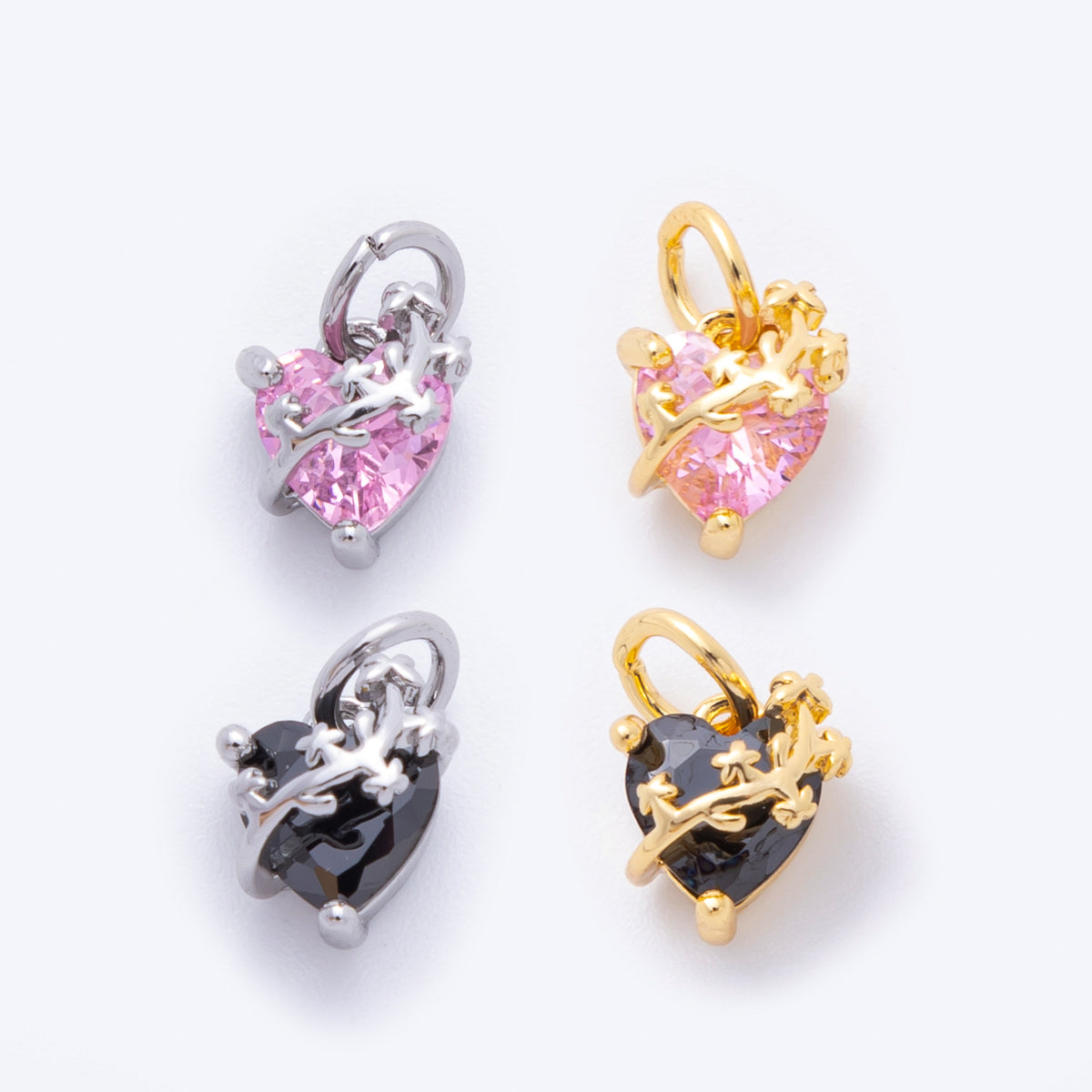 18K Gold Filled 11mm Pink & Black Heart-Shaped CZ Vine Wrapped Charm in Gold & Silver | C636 C637