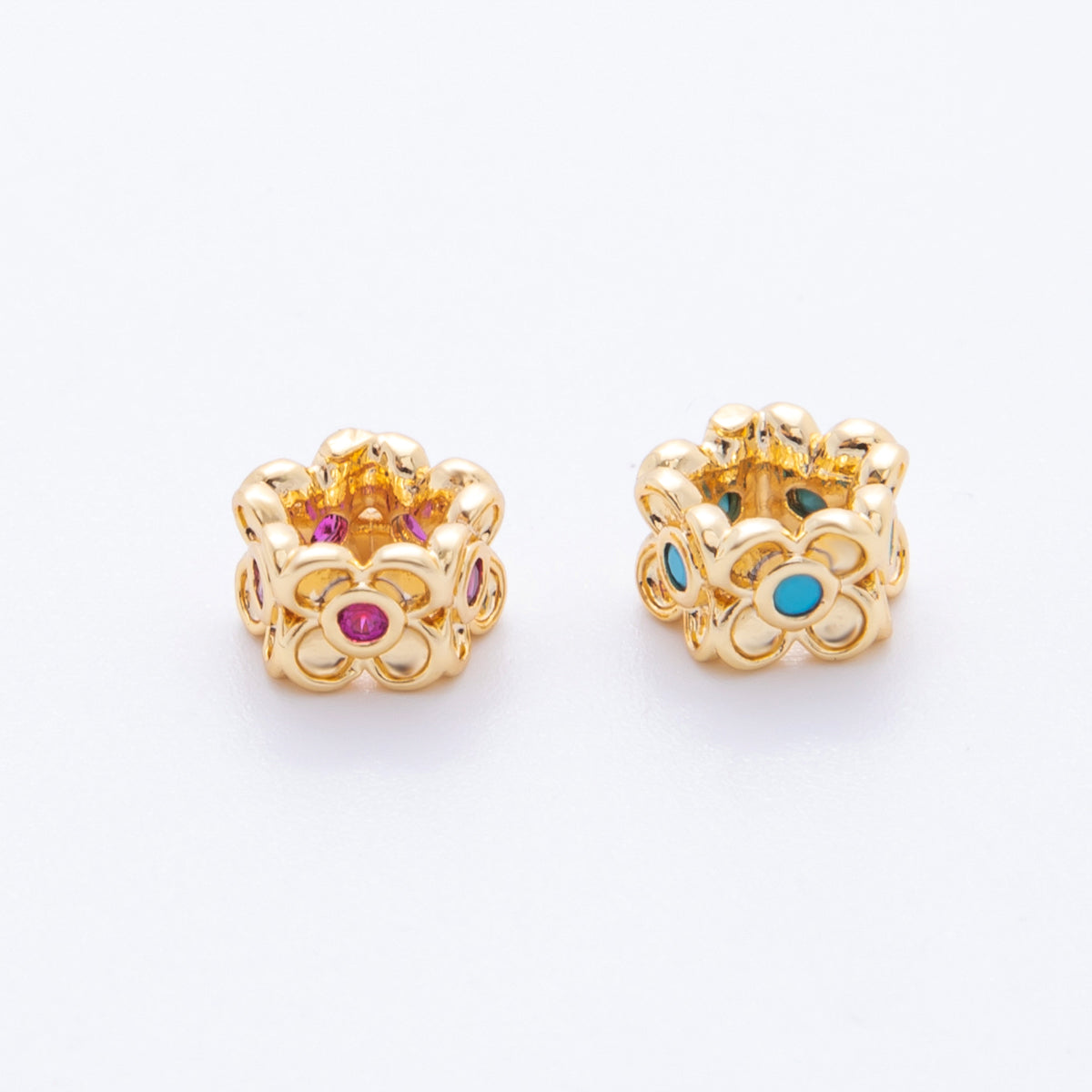 18K Gold Filled Fuchsia, Turquoise CZ Flower Rondelle Bead Spacer | AF1026