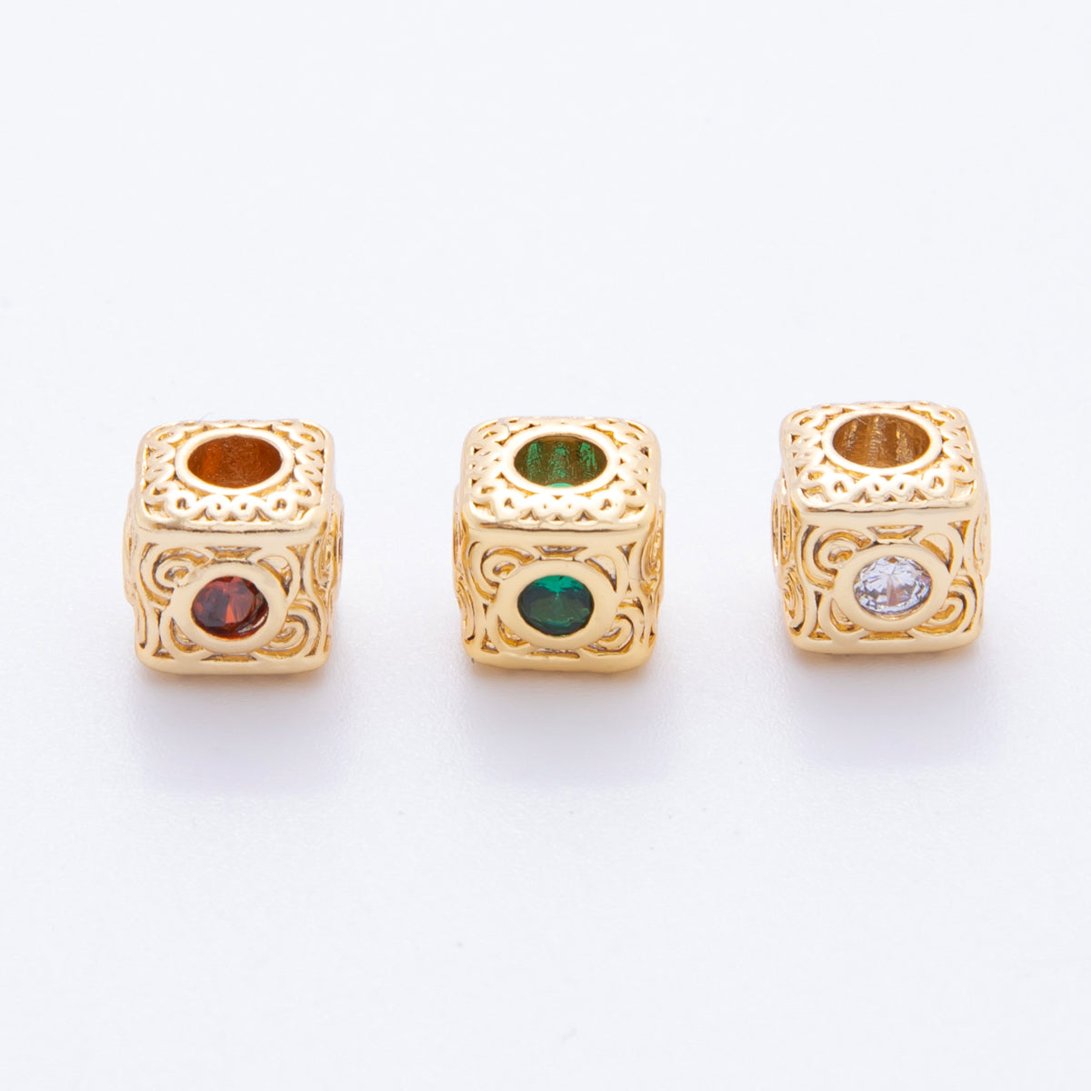 18K Gold Filled 7.5mm Clear, Green, Fuchsia CZ Artisan Geometric Square Bead | AF1020 AF1021