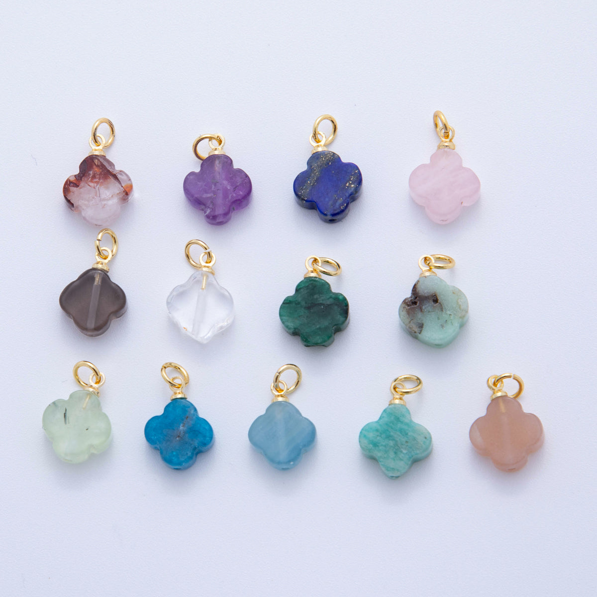 18K Gold Filled 18.5mm Icy Obsidian, Apatite, Amazonite Clover Leaf Quatrefoil Leaf Gemstone Charm | AH875 - AH881
