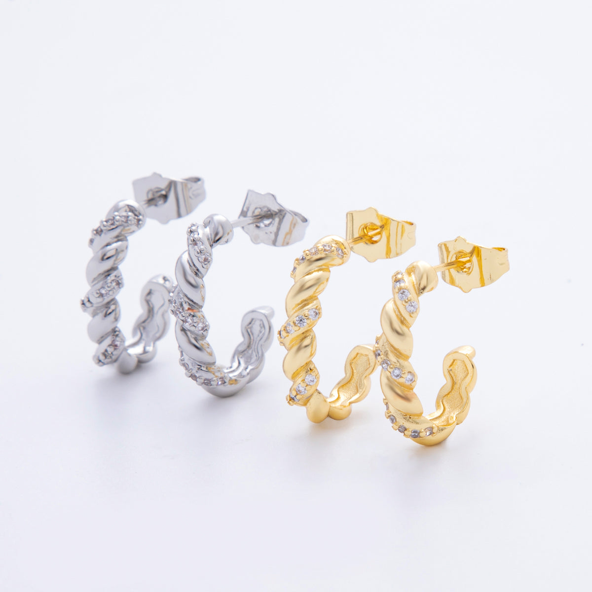 18K Gold Filled Micro Paved CZ Twisted Gleam Hoops Earrings in Gold & Silver | AJ207 AJ208