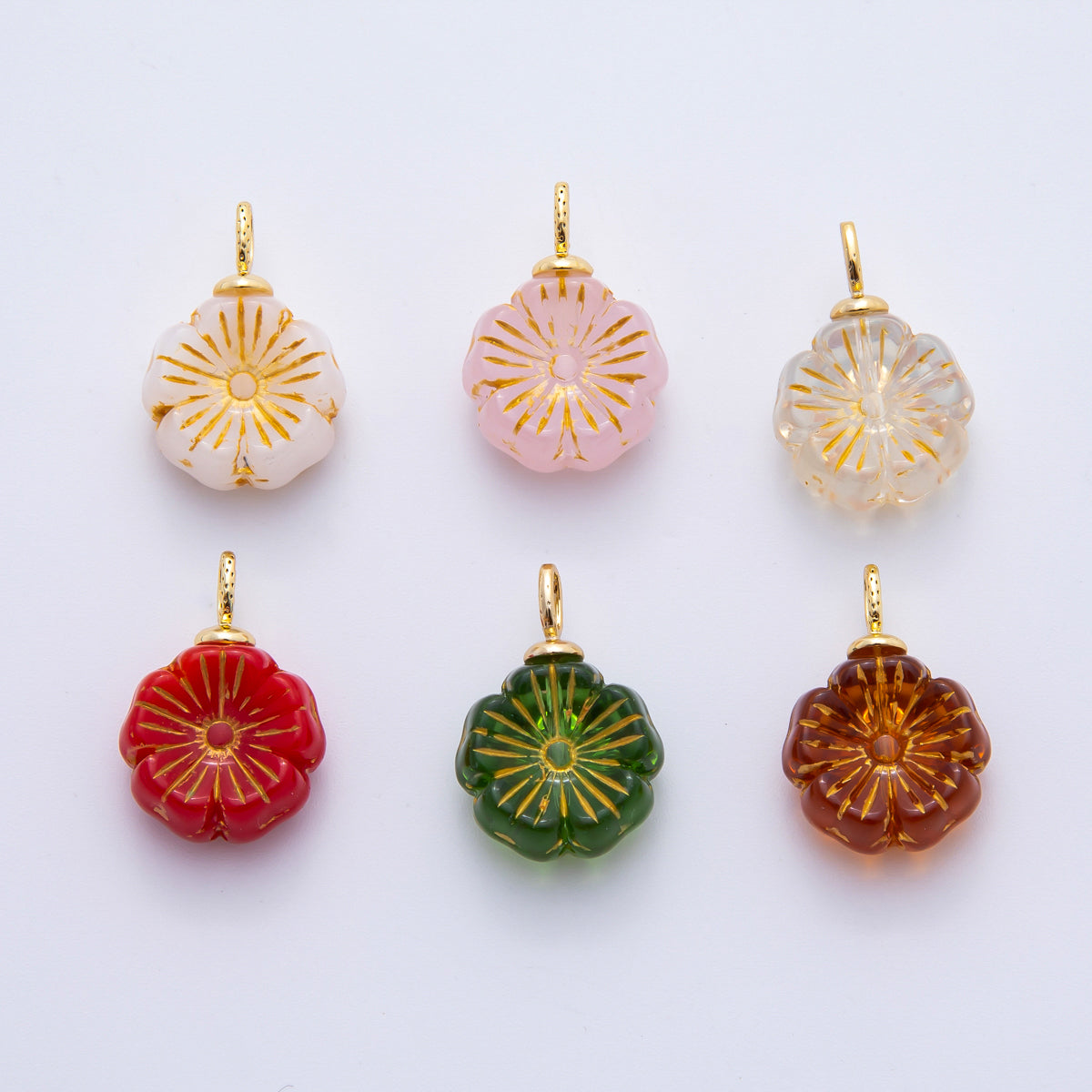 18K Gold Filled Red, Clear, Green, White, Orange, Pink Gold Lined Flower Acrylic Drop Charm | E864 - E895
