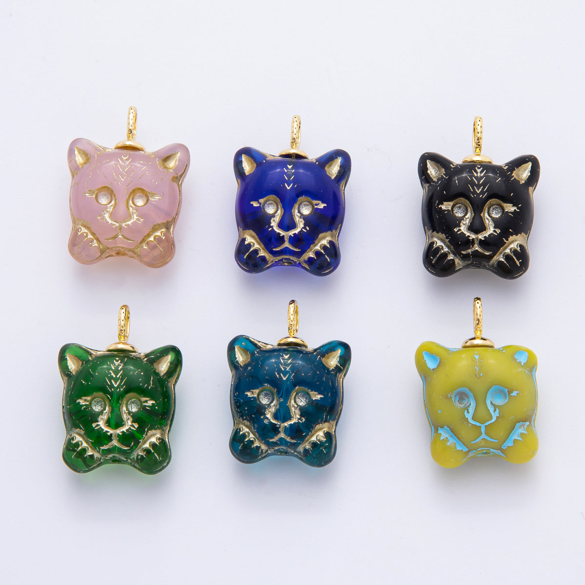18K Gold Filled Blue, Light Green, Black, Dark Green Gold Lined Cat Acrylic Drop Charm | N214 N225