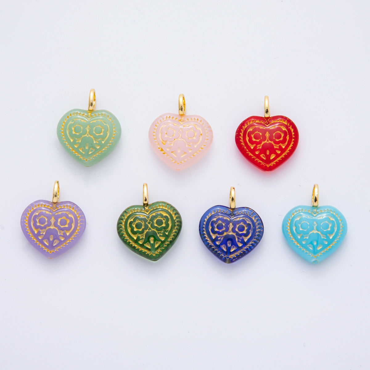 18K Gold Filled Gold-Lined Red, Blue, Green, Pink, Purple Geometric Heart Drop Charm | N462 N490 N505 N533