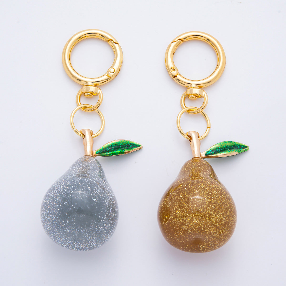 18K Gold Filled Grey, Gold Glittered Acrylic Pear Fruit Charm Bag Key Chain | WB-00119 WB-00120