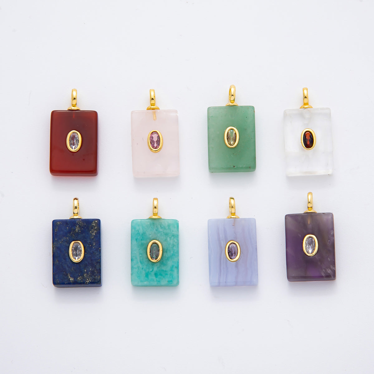 18K Gold Filled 24.5mm Natural Stone Pendant Rectangle Tag Gemstone Charm Bracelet Necklace Component | N742