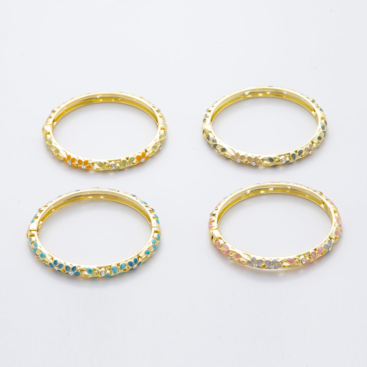 14K Gold Filled Round CZ Enamel Floral Themed Open Round Bangle Bracelet in Pink, Orange, & Blue | WA-292 WA-300 WA-323 WA-370