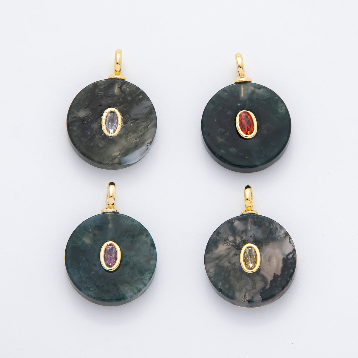 18K Gold Filled 18mm Natural Aquatic Agate Round Coin Gemstone Charm Necklace Component | N968