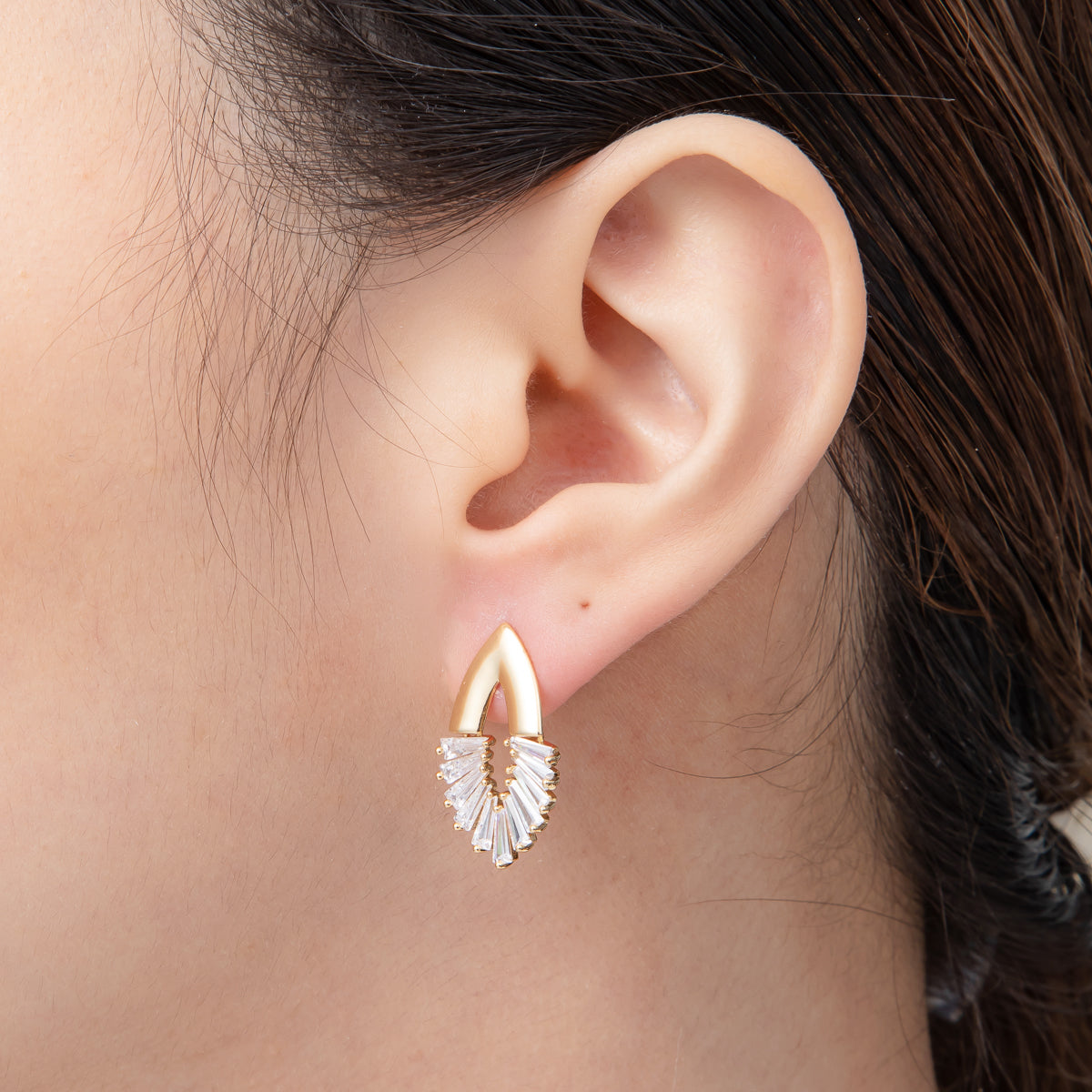 18K Gold Filled 23mm Open Baguette Navette Geometric Drop Stud Earrings | Q169