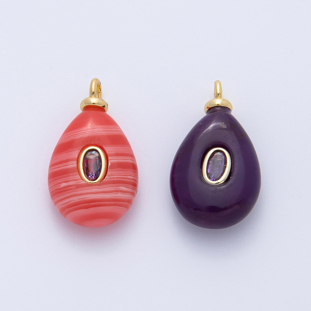 18K Gold Filled 23mm Purple CZ Flushed Teardrop Amethyst, Rhodochrosite Gemstone Drop Charm | AF1390 AF1391