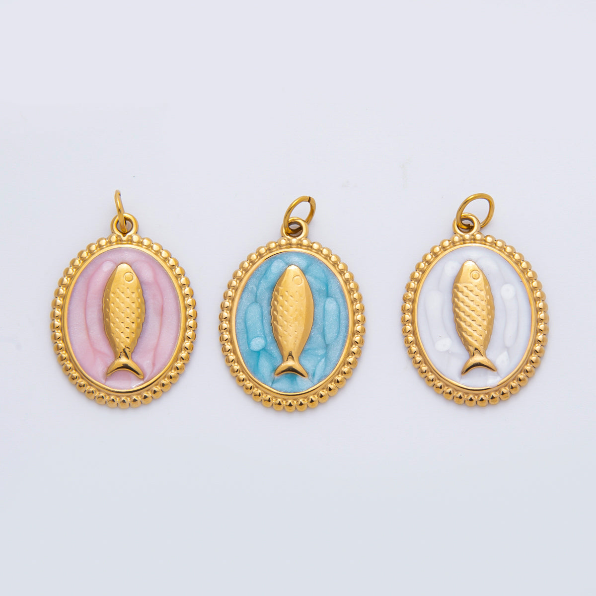 Stainless Steel 27mm Blue, White, Pink Sardine Fish Dotted Outline Oval Charm | C277 C293