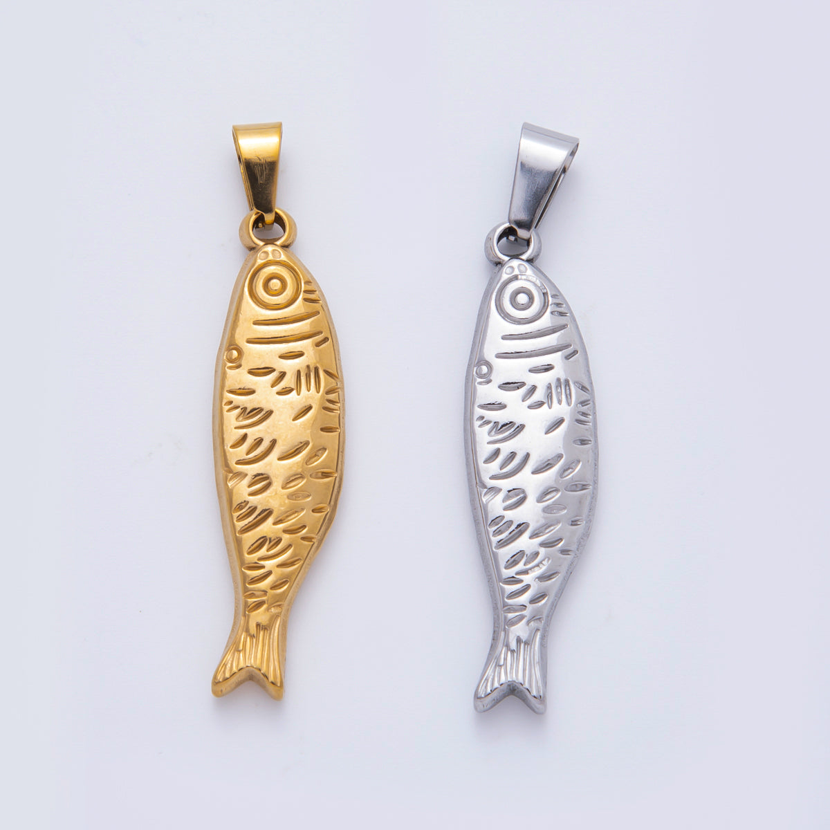Stainless Steel 47mm Lined Sardine Fish Animal Pendant in Gold & Silver | P-802
