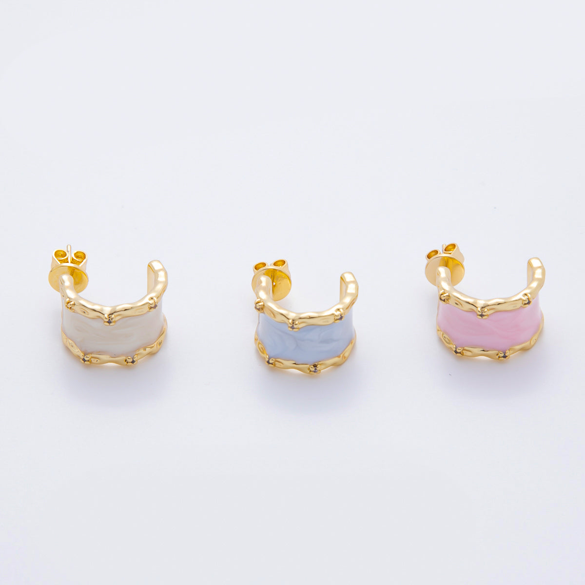 18K Gold Filled Enamel Geometric Curve C-Hoops Earrings in White, Blue, & Pink | AJ198 - AJ200