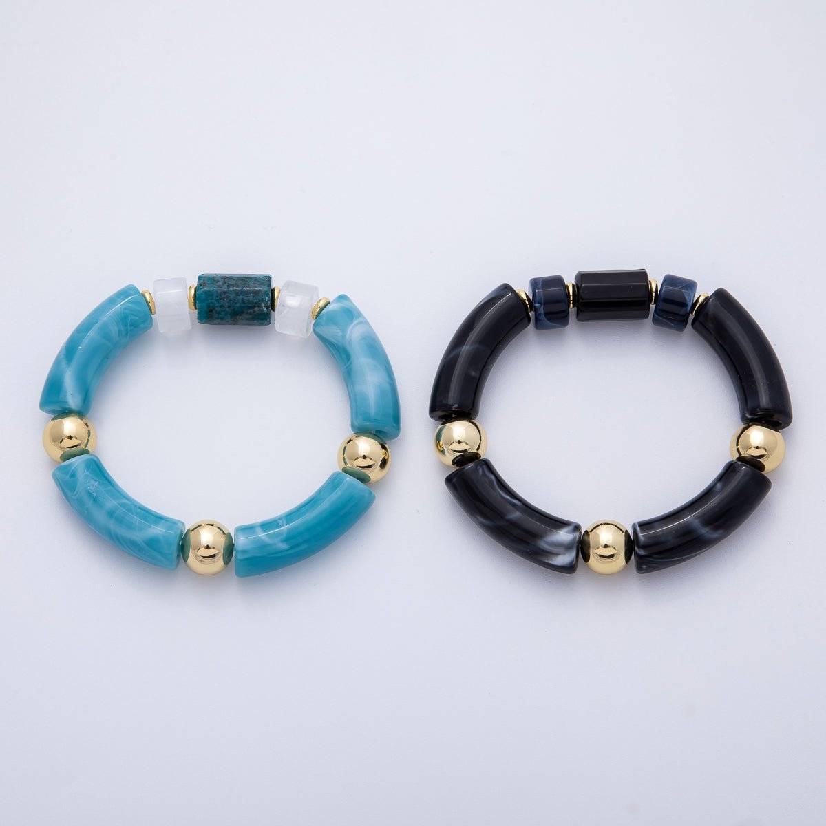 6mm Blue Aquamarine Gemstone Tube Round Ball Bead Stretch Bracelet | WA - 4138 - DLUXCA