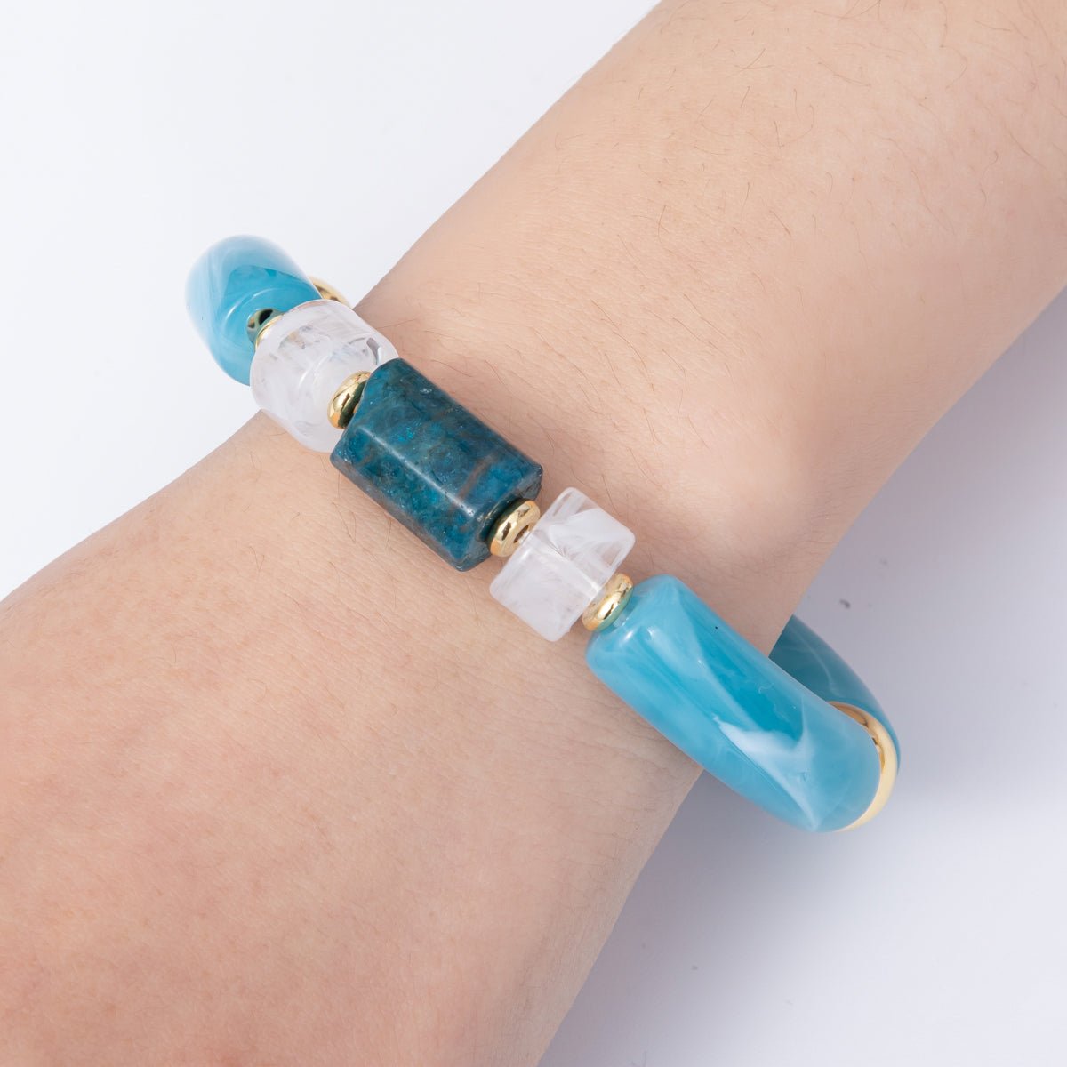 6mm Blue Aquamarine Gemstone Tube Round Ball Bead Stretch Bracelet | WA - 4138 - DLUXCA