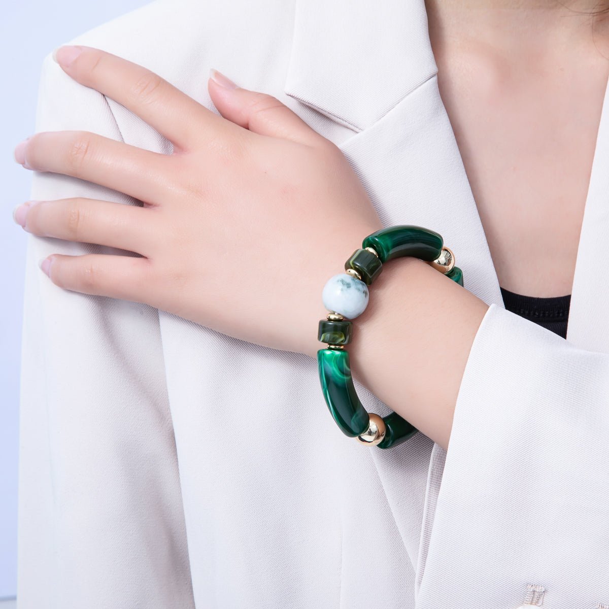 6mm Green Malachite, Peridot Gemstone Bead Stretch Bracelet | WA - 3973 - DLUXCA