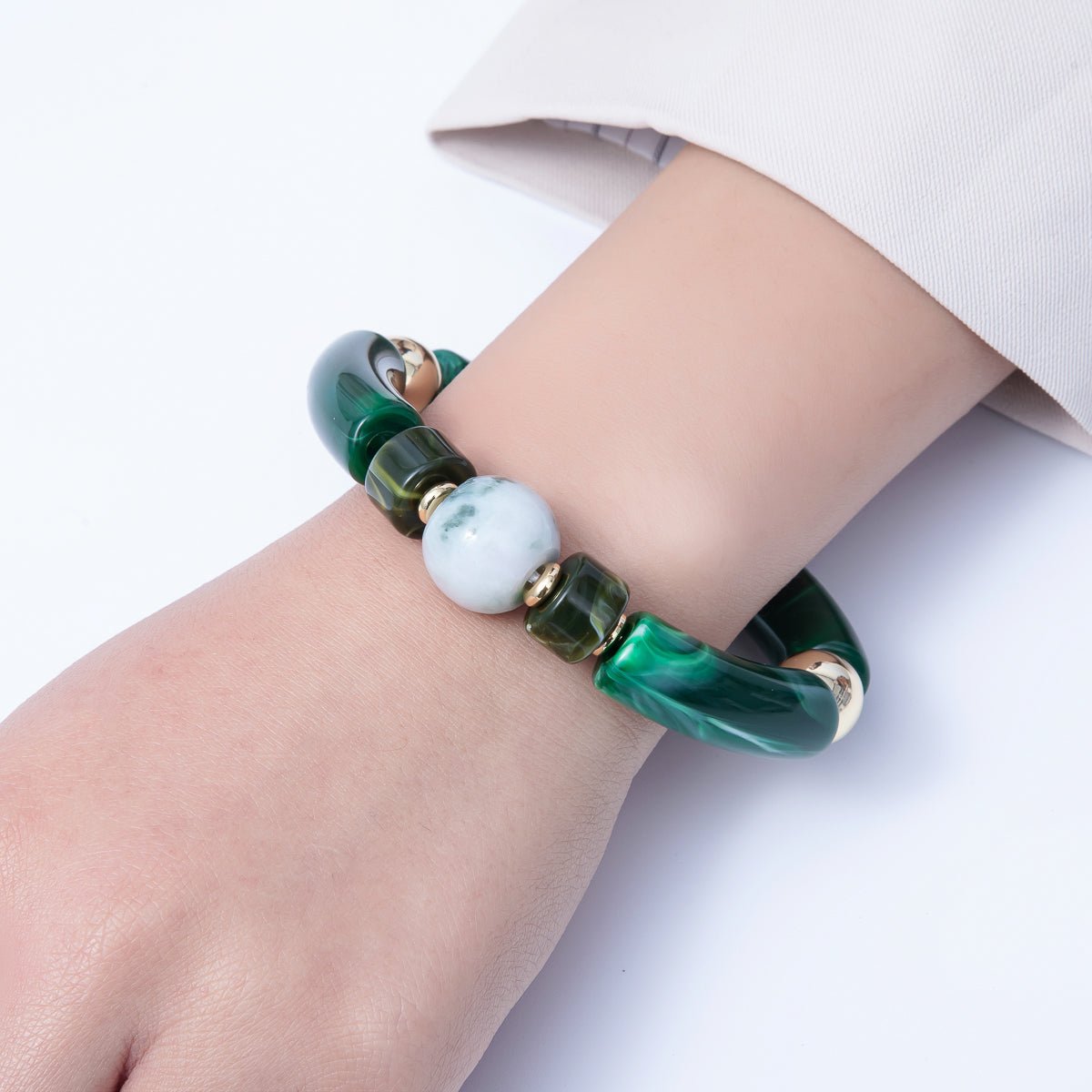 6mm Green Malachite, Peridot Gemstone Bead Stretch Bracelet | WA - 3973 - DLUXCA
