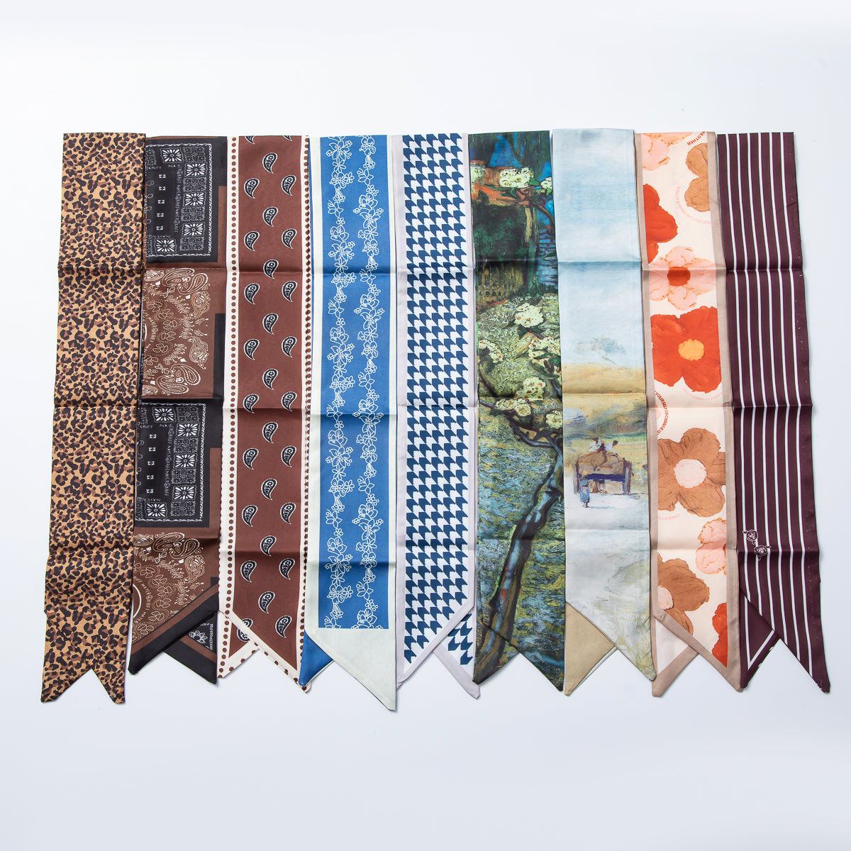Brown Stripped, Flower, Mosh Green Soft Faux Silk Bandana Scarf Necklace | WA-1588