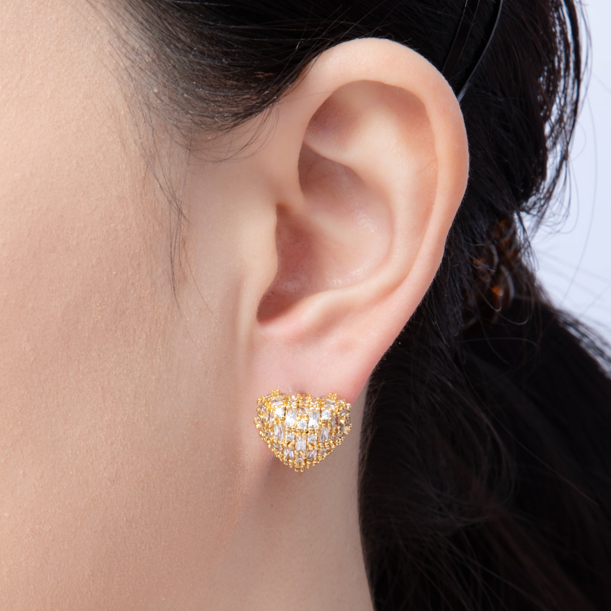 14K Gold Filled 14mm Clear CZ Baguette Heart Huggie Earring in Gold & Silver | Earr-020018 Earr-020019