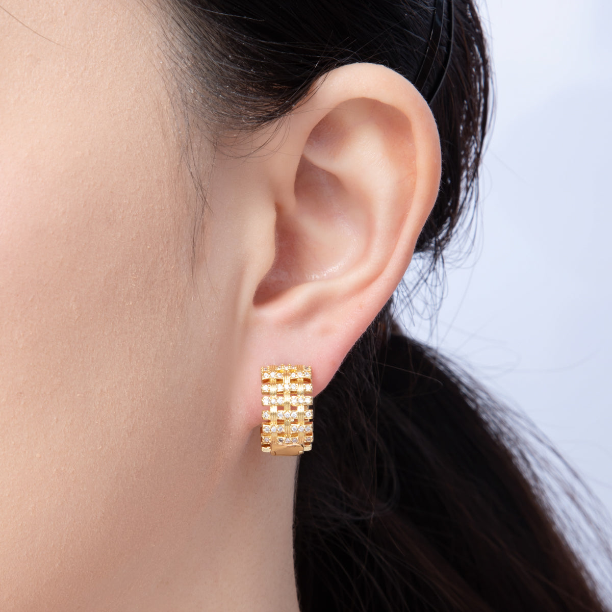 14K Gold Filled 16.5mm Micro Paved CZ Woven Ribbed Huggie Earring in Gold & Silver | Earr-020005 Earr-020006