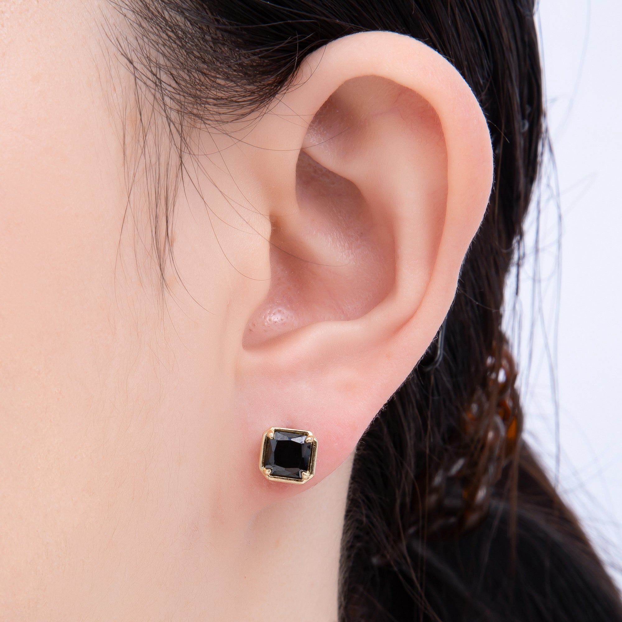 14K Gold Filled 7.5mm Black Baguette Square CZ Bezel Stud Earrings | Earrings-00279
