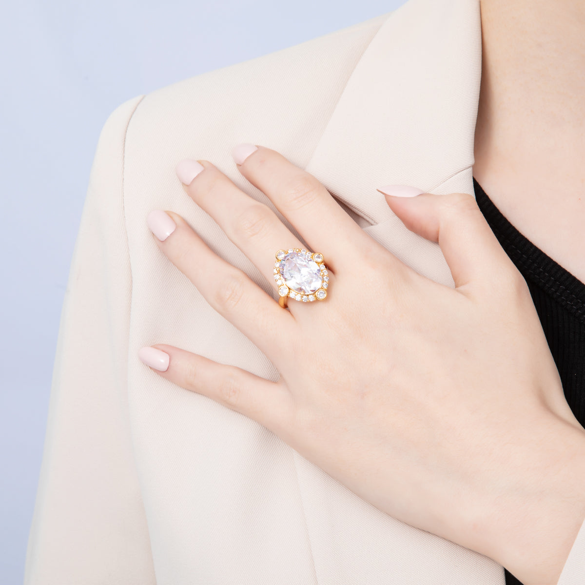 18K Gold Filled Pink, White Micro Paved CZ Oval Geometric Adjustable Ring | O807