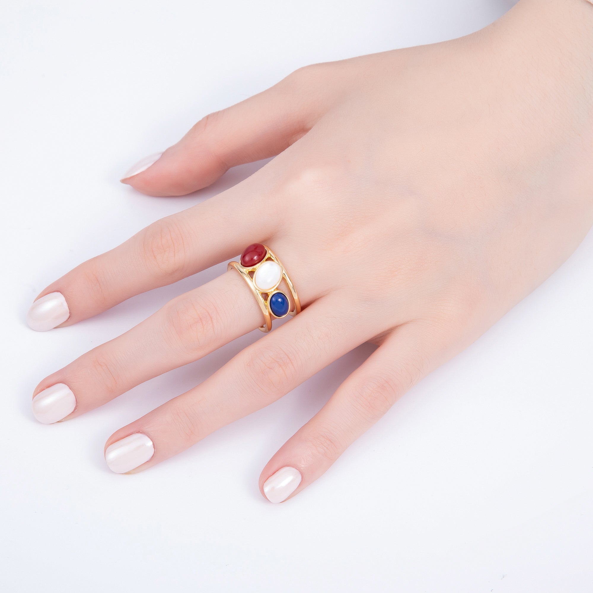 16K Gold Filled Cabochon Natural Gemstone Double Band Ring | RINGS-00062