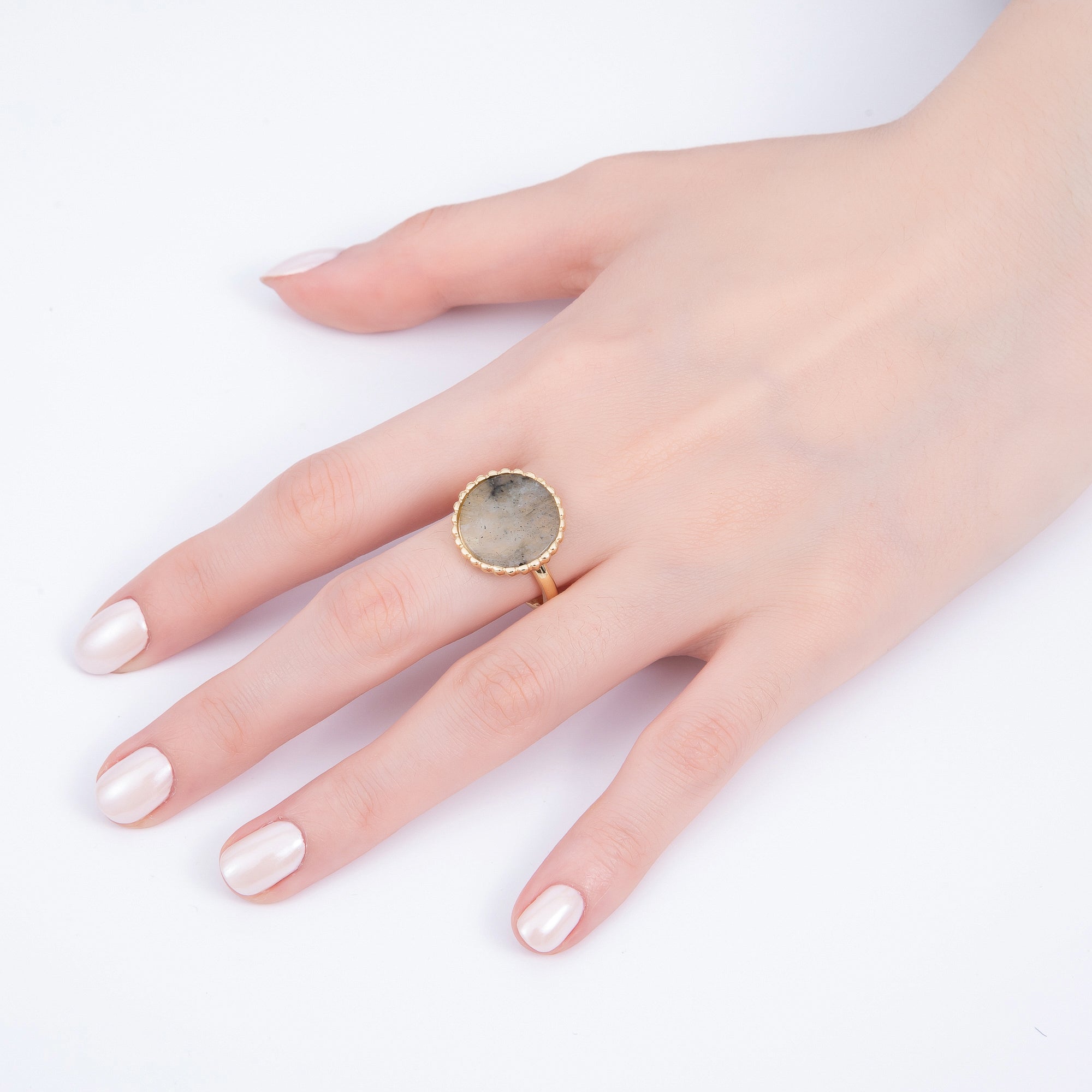 16K Gold Filled Labradorite Gemstone Hexagon Geometric Double Band Ring | Rings-00076