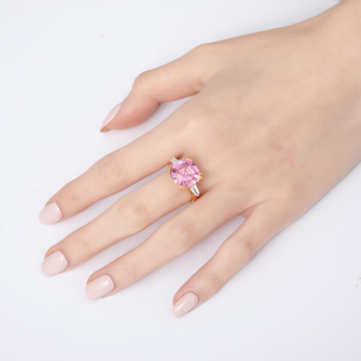 18K Gold Filled Pink, White CZ Square Emerald Cut Geometric Adjustable Ring | O811