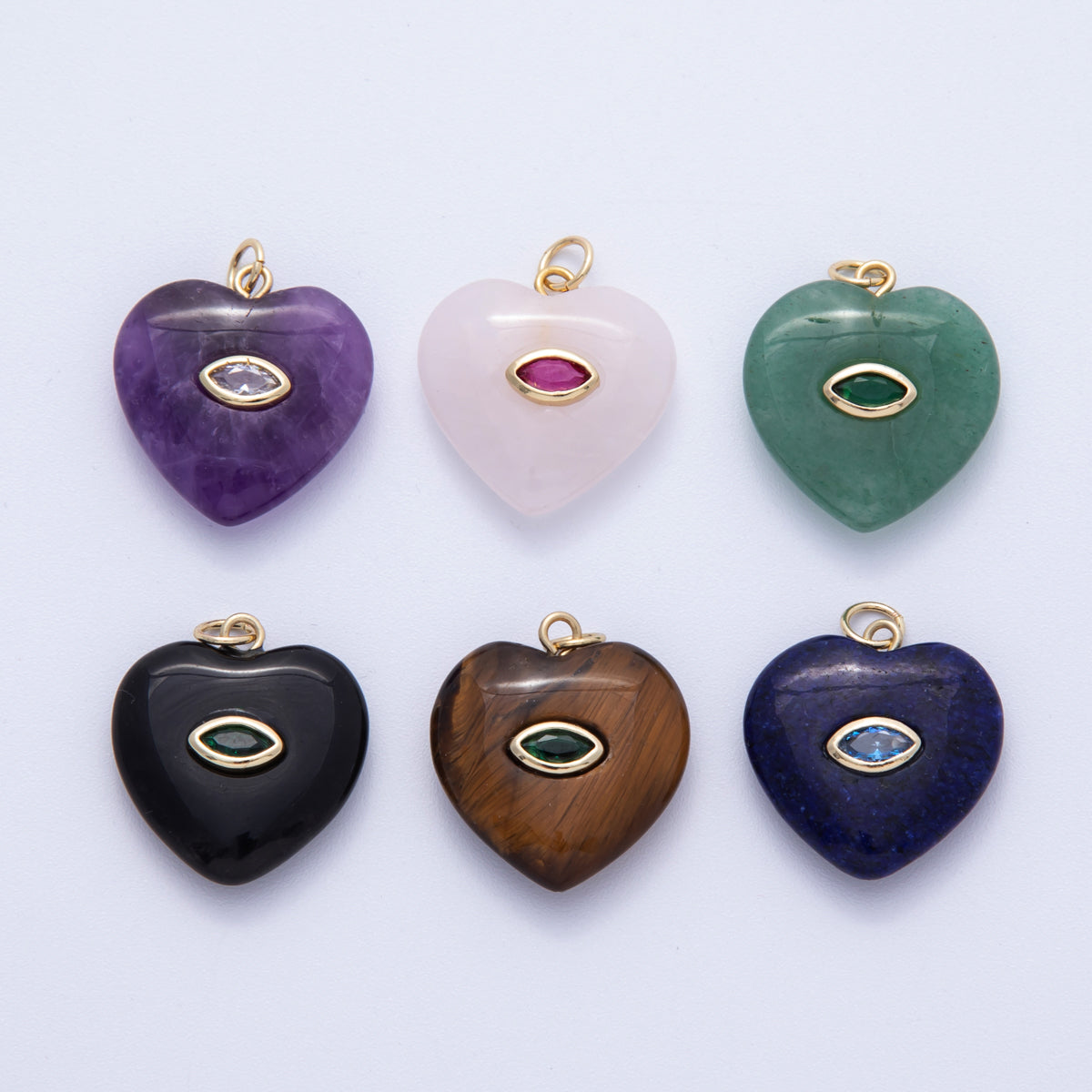 18K Gold Filled 21.5mm Marquise Embedded Rose Quartz, Amethyst, Onyx, Amazonite, Lapis Lazuli, Tiger Eye Heart Charm | AK218 - AK220