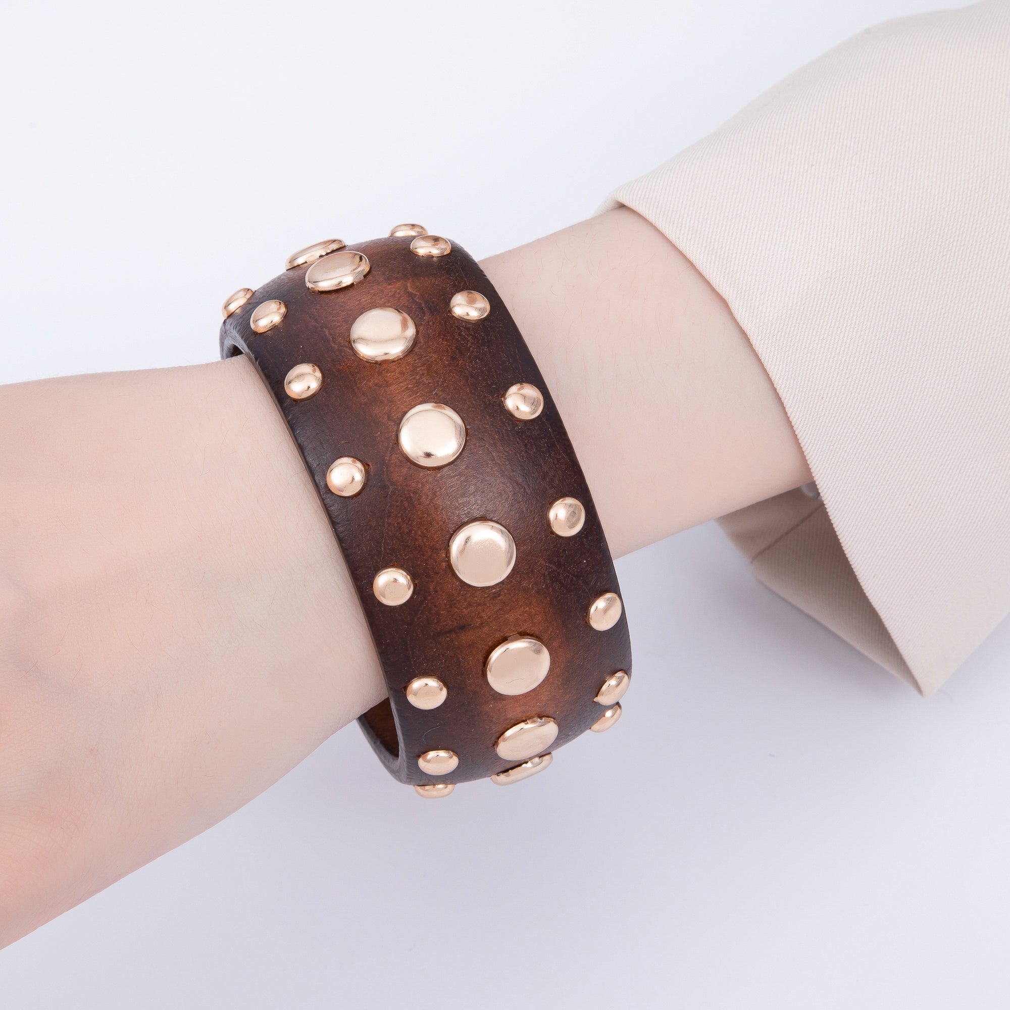 Gold Studded Wood Bangle Statement Bracelet | WA-04314