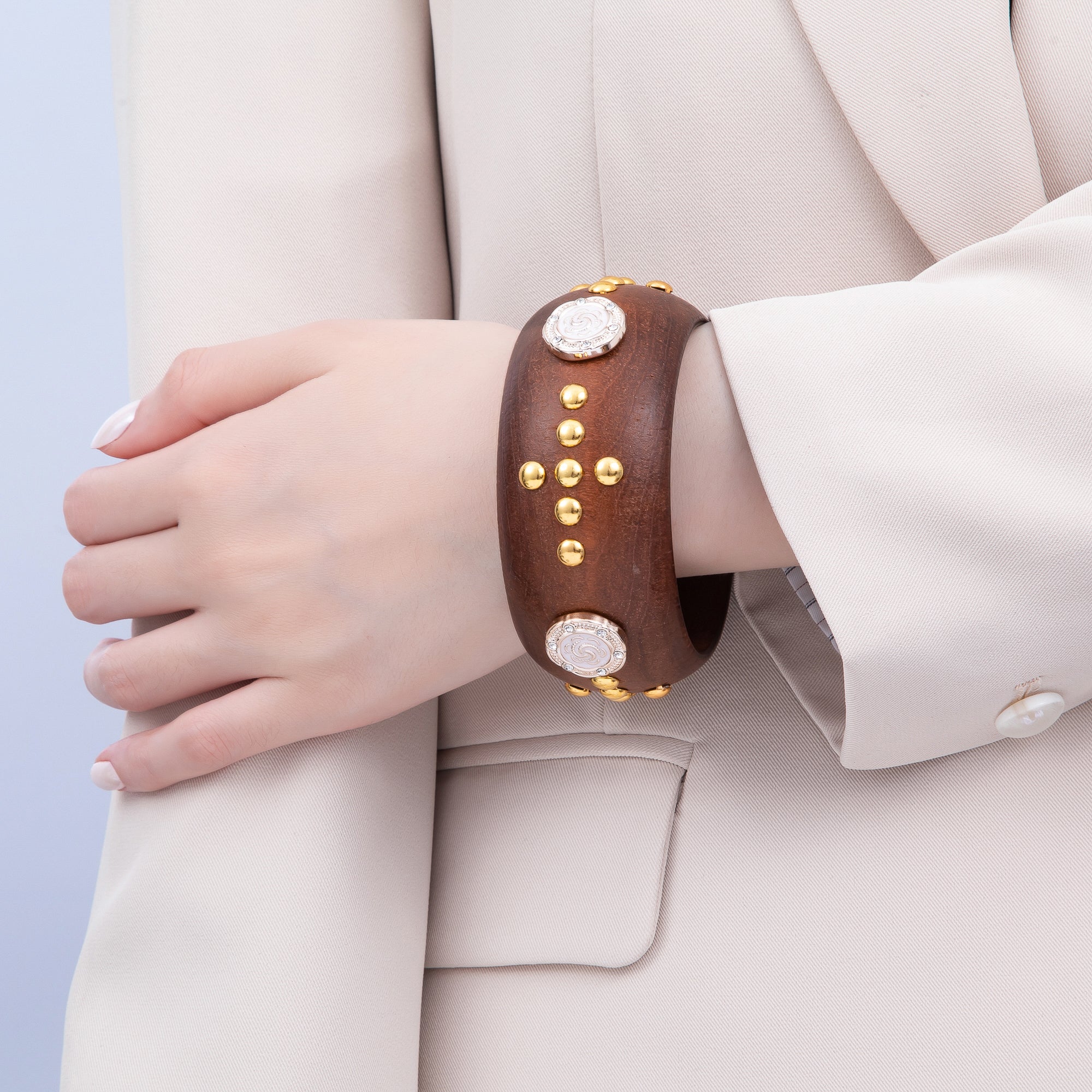 Gold Round Dotted Studded Rose Flower Cross Wood Bangle Bracelet | WA-04326 WA-04327