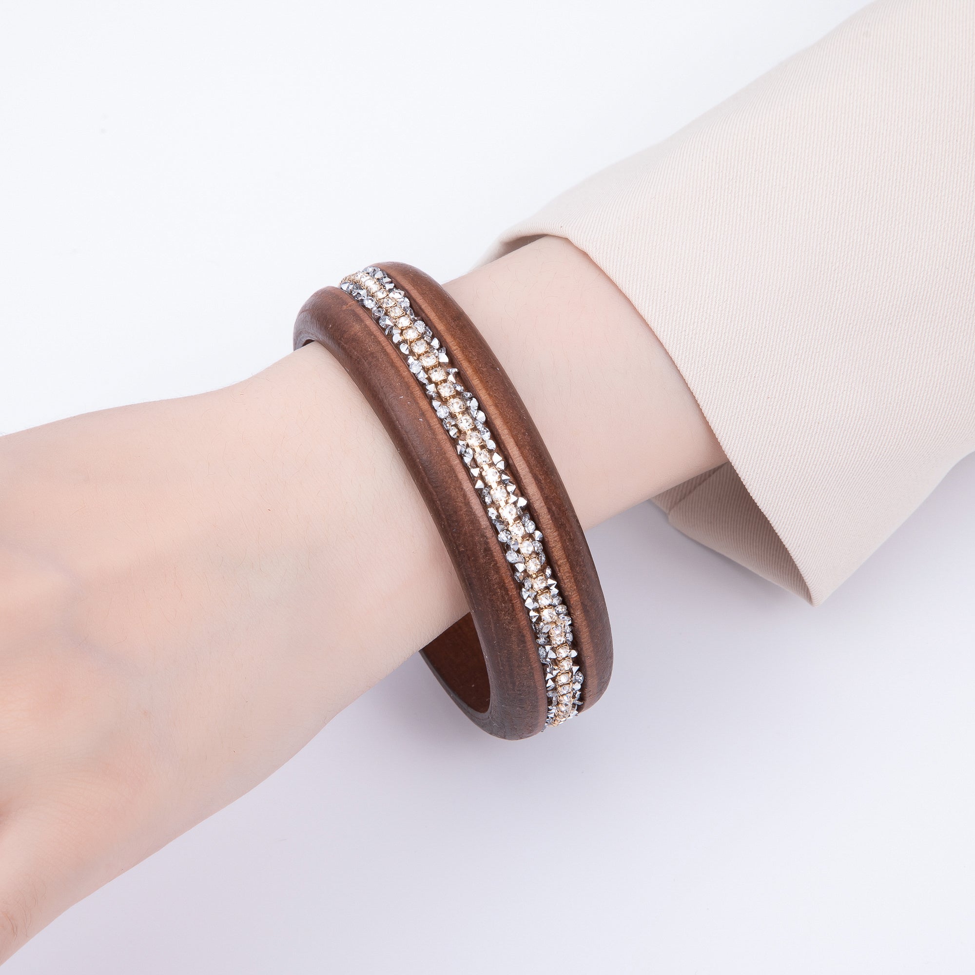 Micro Paved CZ Cluster Wood Bangle Bracelet in Black, Brown, Green, Latte | WA-04289 - WA-04292